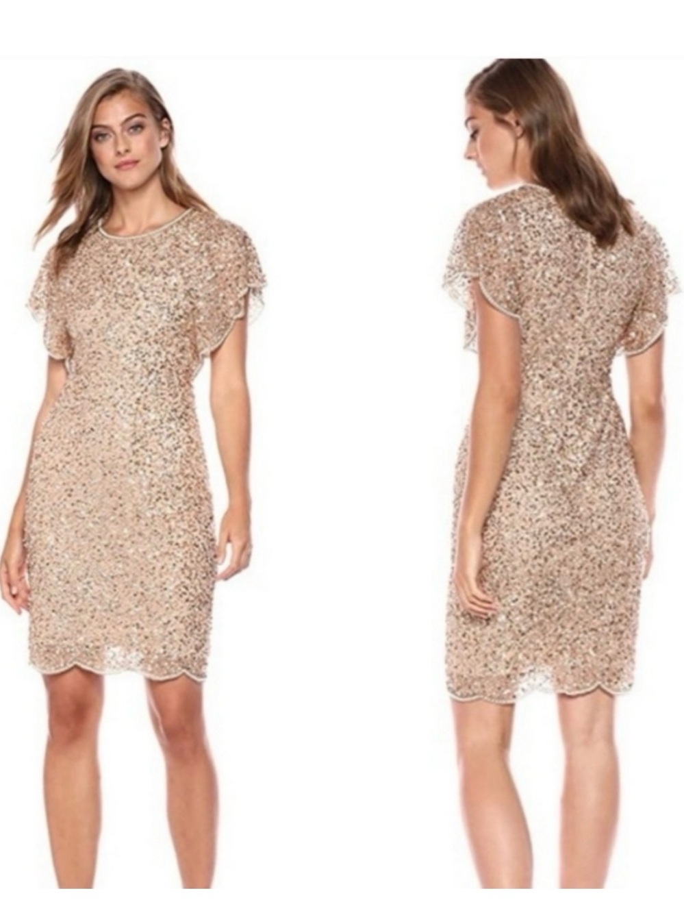 Adrianna Papell Champagne Gold Sequin Flutter Sleeve Mini Dress